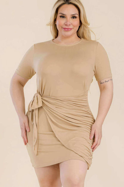 Plus Size Solid Wrap Front Tie Side Short Sleeve Mini Dress - The Diva Goddess