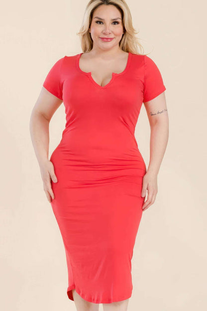 Plus Size Split Neck Bodycon Midi Dress - The Diva Goddess