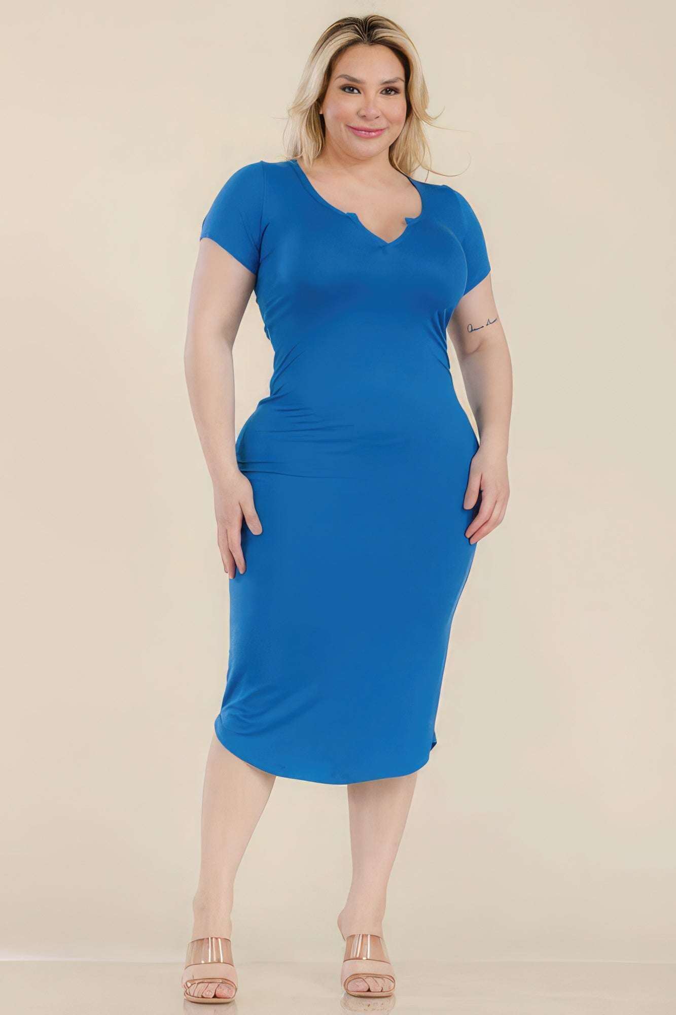 Plus Size Split Neck Bodycon Midi Dress - The Diva Goddess