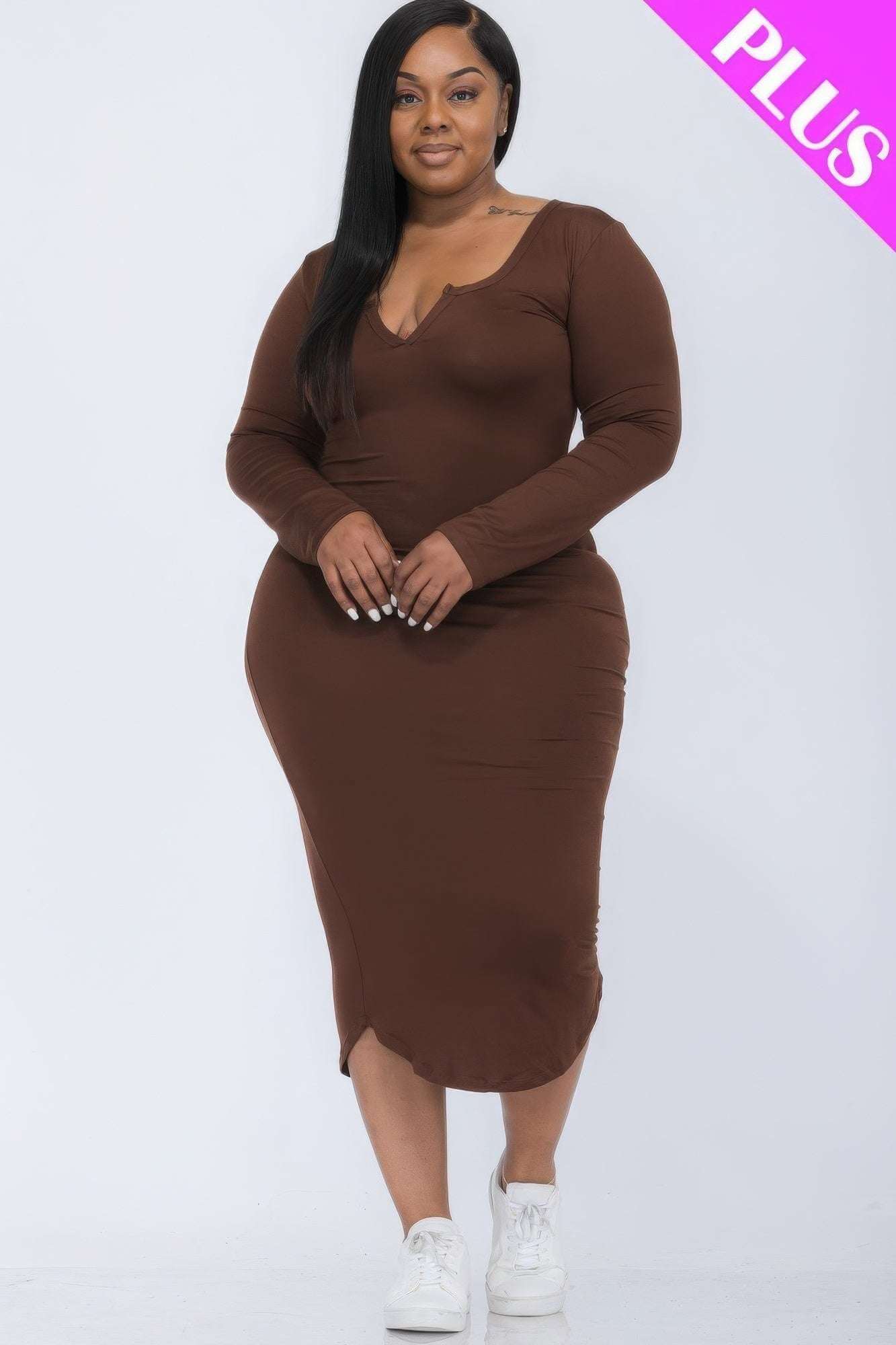 Plus Size Split Neck Long Sleeve Midi Dress - The Diva Goddess