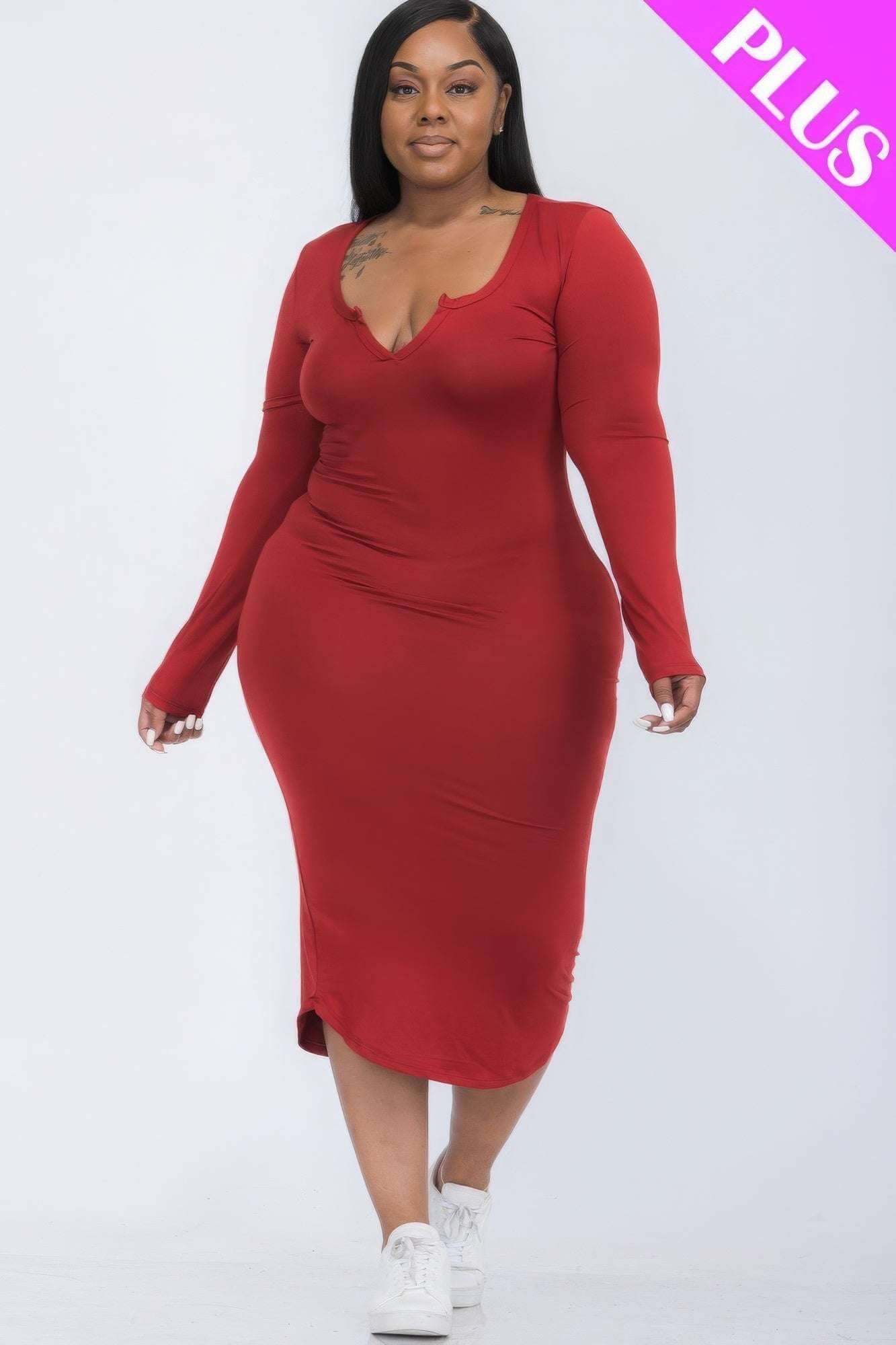 Plus Size Split Neck Long Sleeve Midi Dress - The Diva Goddess