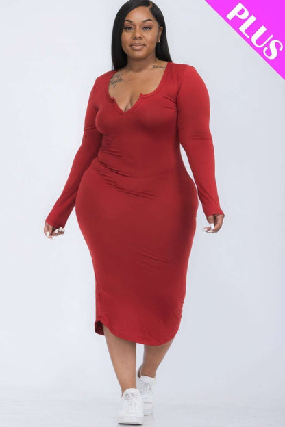 Plus Size Split Neck Long Sleeve Midi Dress - The Diva Goddess