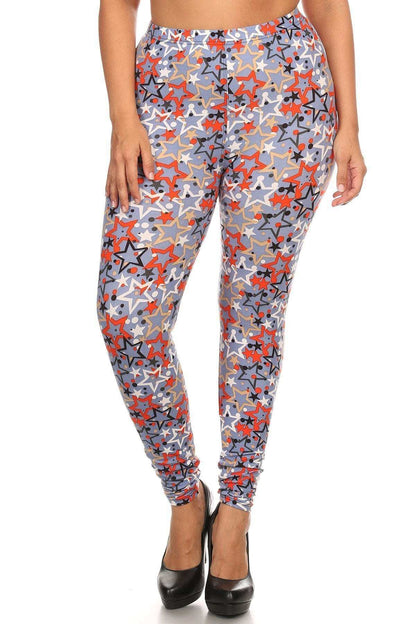 Plus Size Star Print, Full Length Leggings In A Slim Fitting Style With A Banded High Waist - The Diva Goddess