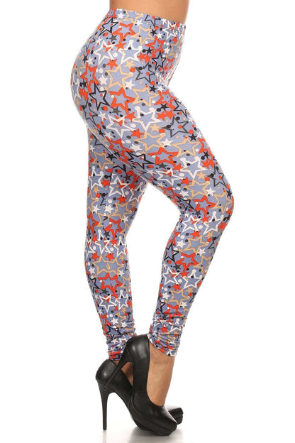 Plus Size Star Print, Full Length Leggings In A Slim Fitting Style With A Banded High Waist - The Diva Goddess