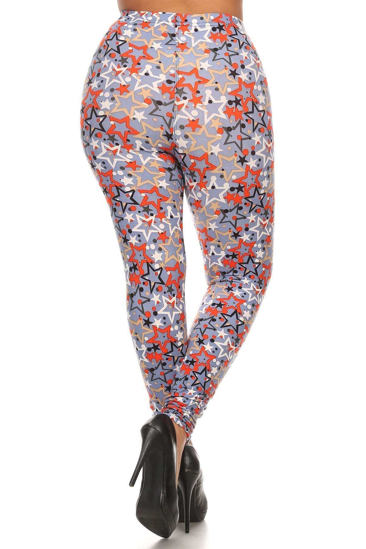 Plus Size Star Print, Full Length Leggings In A Slim Fitting Style With A Banded High Waist - The Diva Goddess