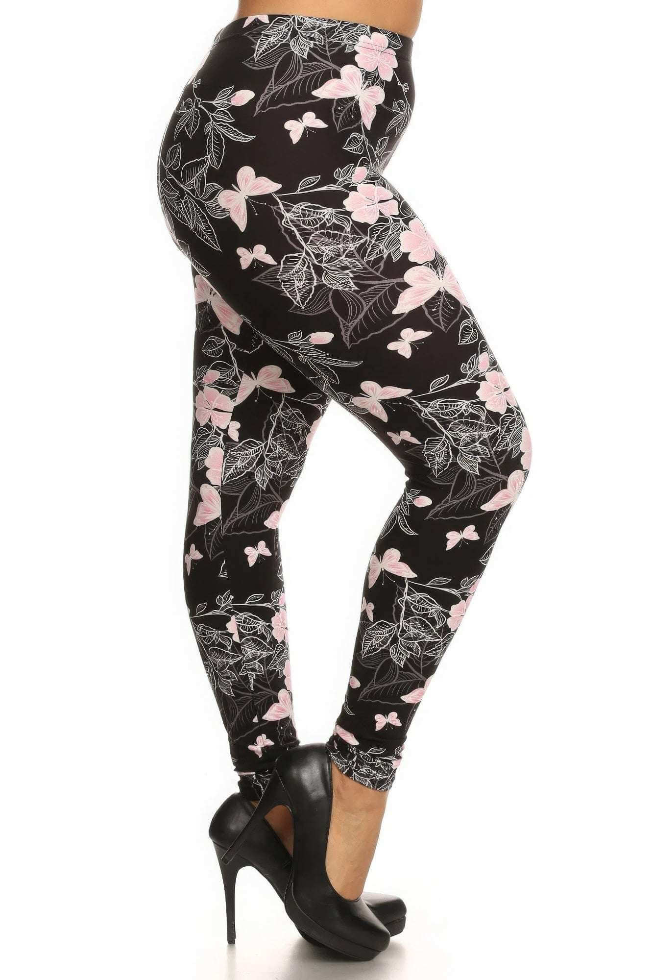 Plus Size Super Soft Peach Skin Fabric, Butterfly Graphic Printed Knit Legging With Elastic Waist Detail - The Diva Goddess