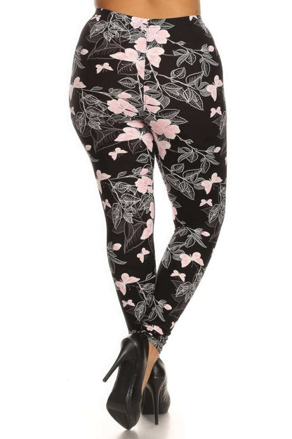 Plus Size Super Soft Peach Skin Fabric, Butterfly Graphic Printed Knit Legging With Elastic Waist Detail - The Diva Goddess