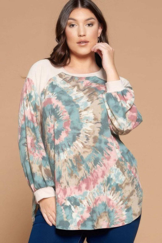 Plus Size Tie Dye French Terry Print Balloon Sleeve Top - The Diva Goddess