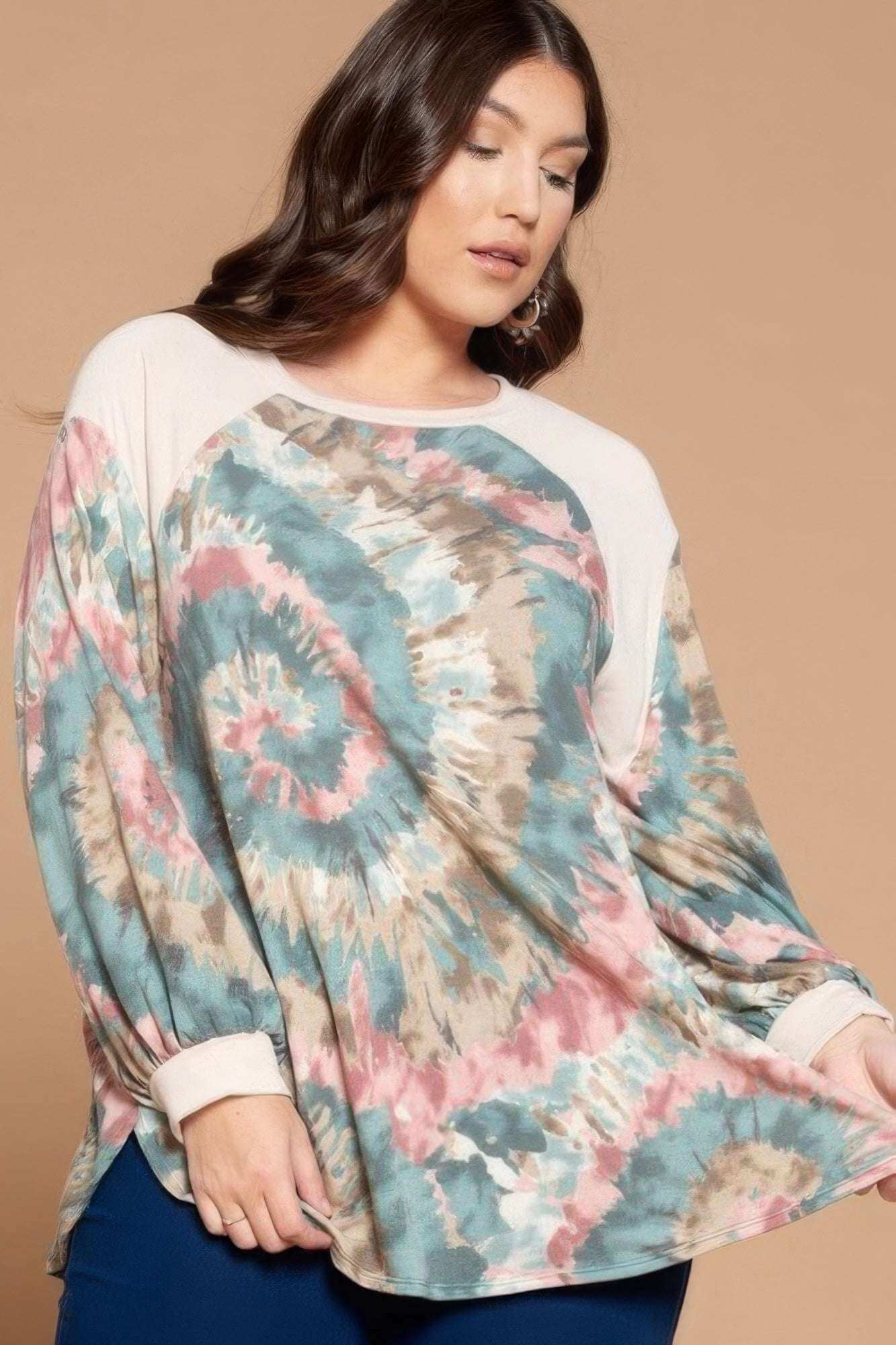 Plus Size Tie Dye French Terry Print Balloon Sleeve Top - The Diva Goddess