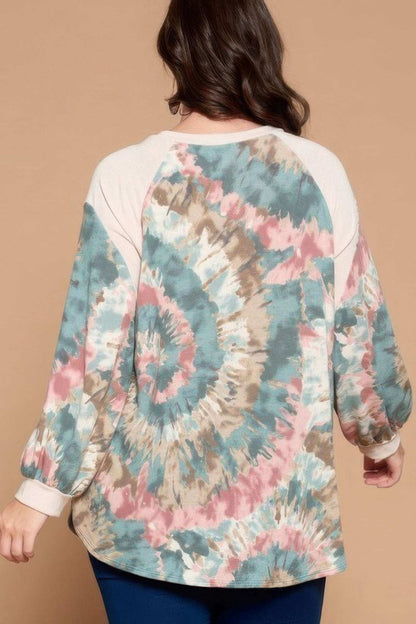 Plus Size Tie Dye French Terry Print Balloon Sleeve Top - The Diva Goddess