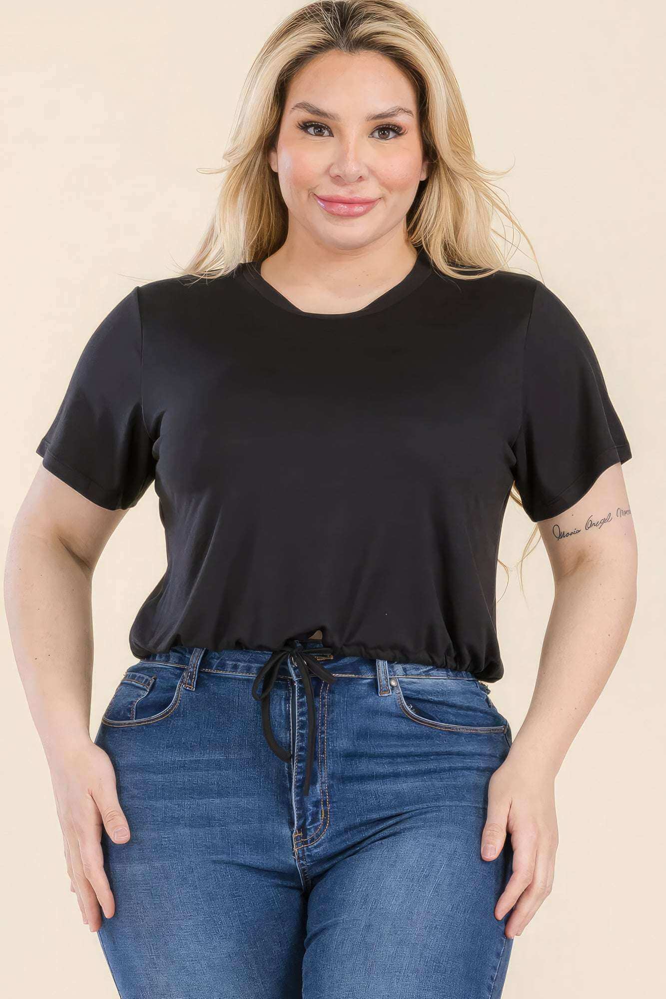 Plus Size Tie Front Drawstring Short Sleeve Crop Top - The Diva Goddess