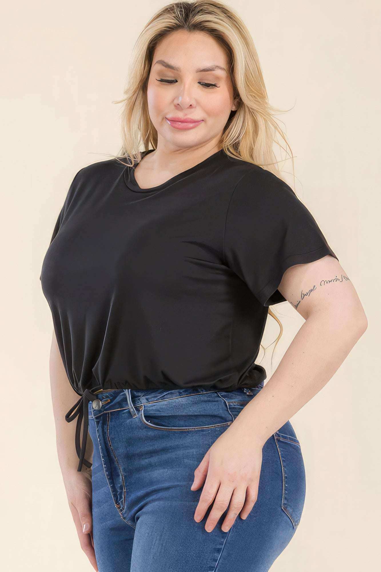 Plus Size Tie Front Drawstring Short Sleeve Crop Top - The Diva Goddess