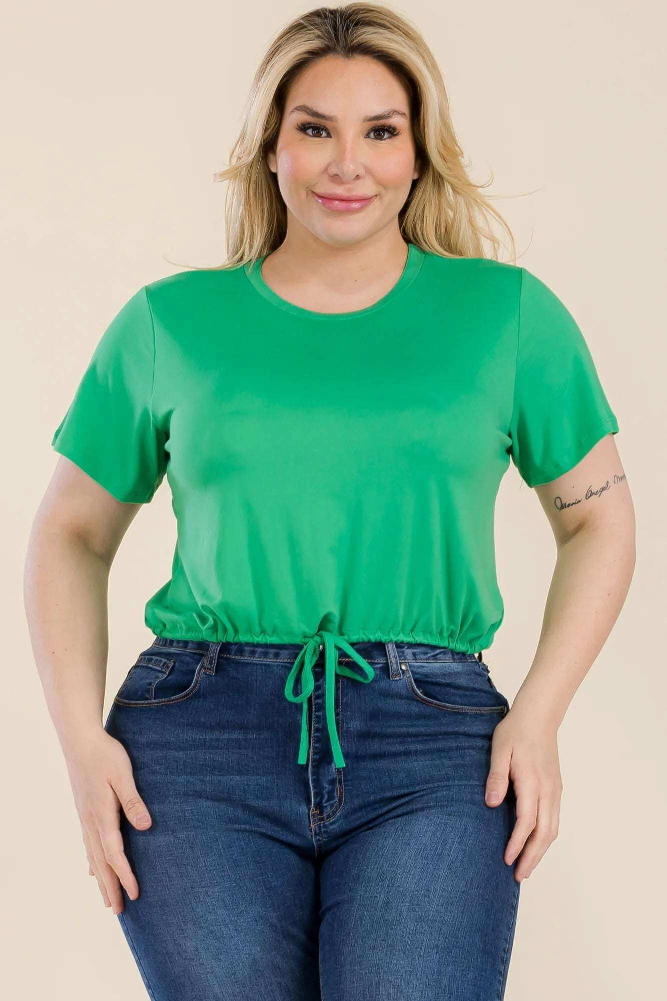 Plus Size Tie Front Drawstring Short Sleeve Crop Top - The Diva Goddess