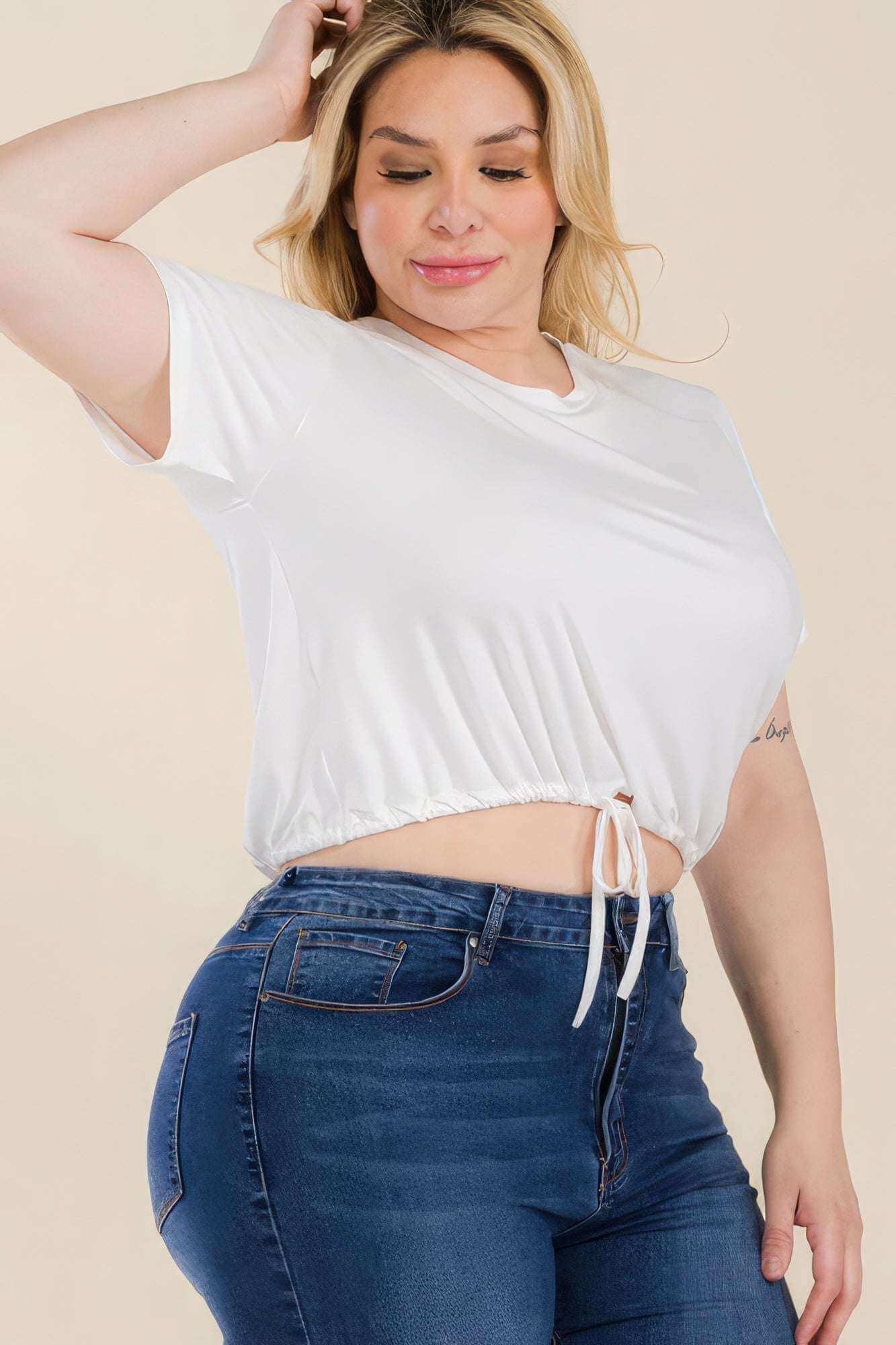 Plus Size Tie Front Drawstring Short Sleeve Crop Top - The Diva Goddess