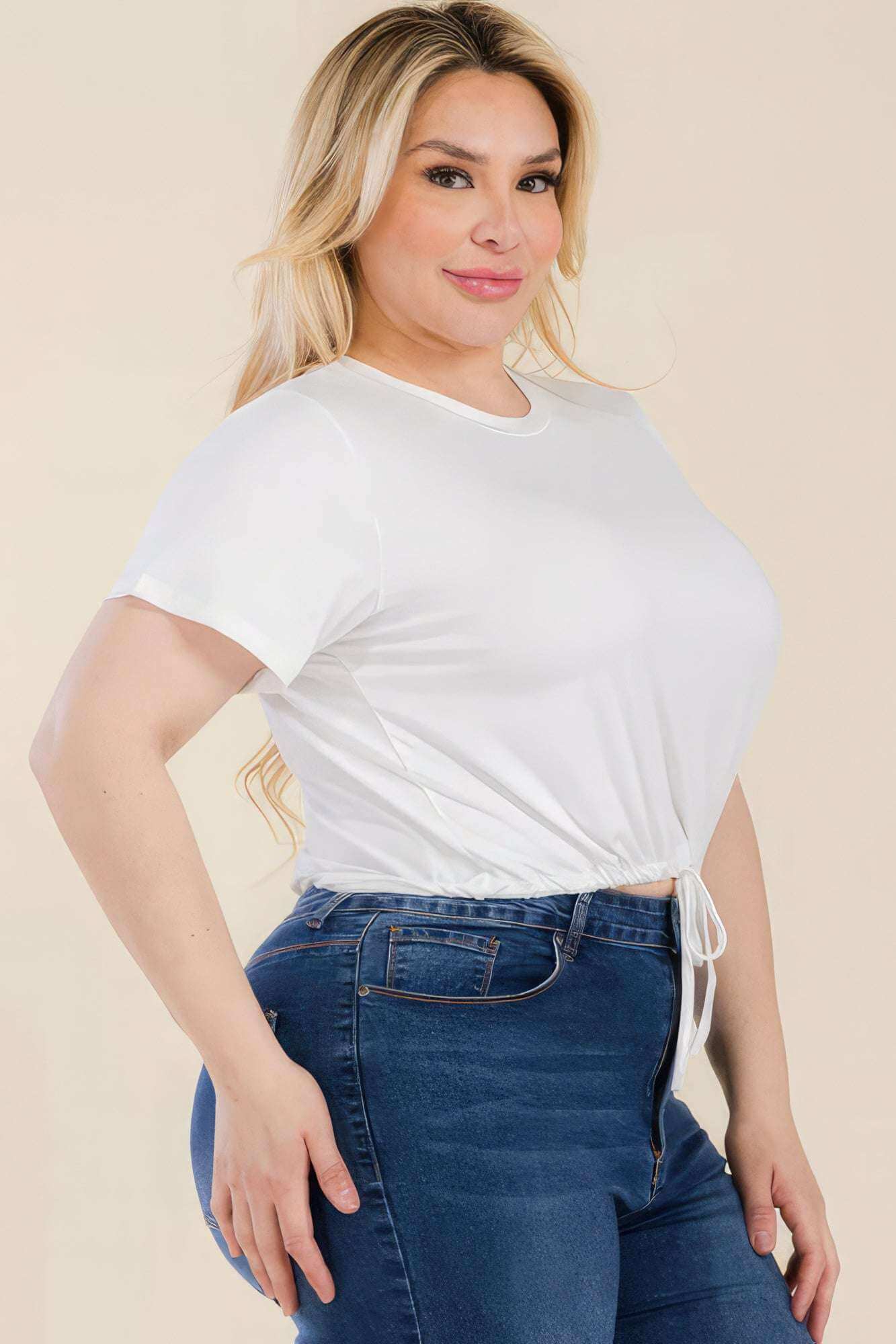 Plus Size Tie Front Drawstring Short Sleeve Crop Top - The Diva Goddess