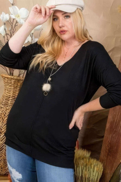 Plus Size V Neck 3/4 Sleeve Side Slit Hi-lo Sweater - The Diva Goddess