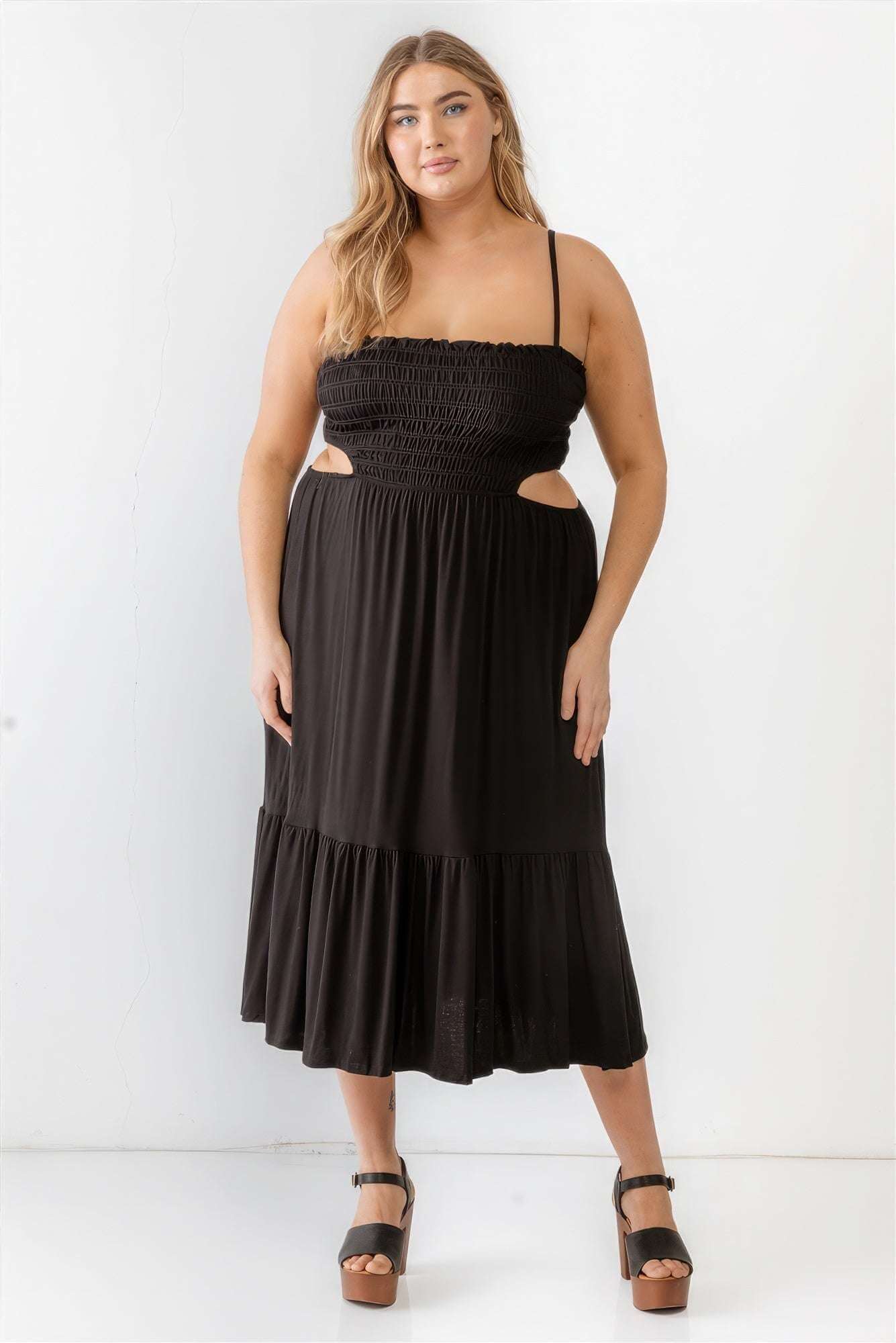 Plus Smocked Cut-out Strappy Flare Hem Midi Dress - The Diva Goddess