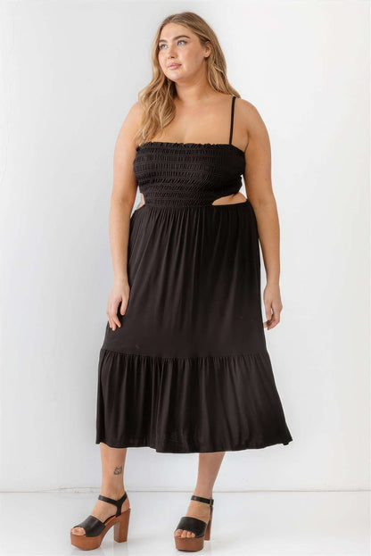 Plus Smocked Cut-out Strappy Flare Hem Midi Dress - The Diva Goddess