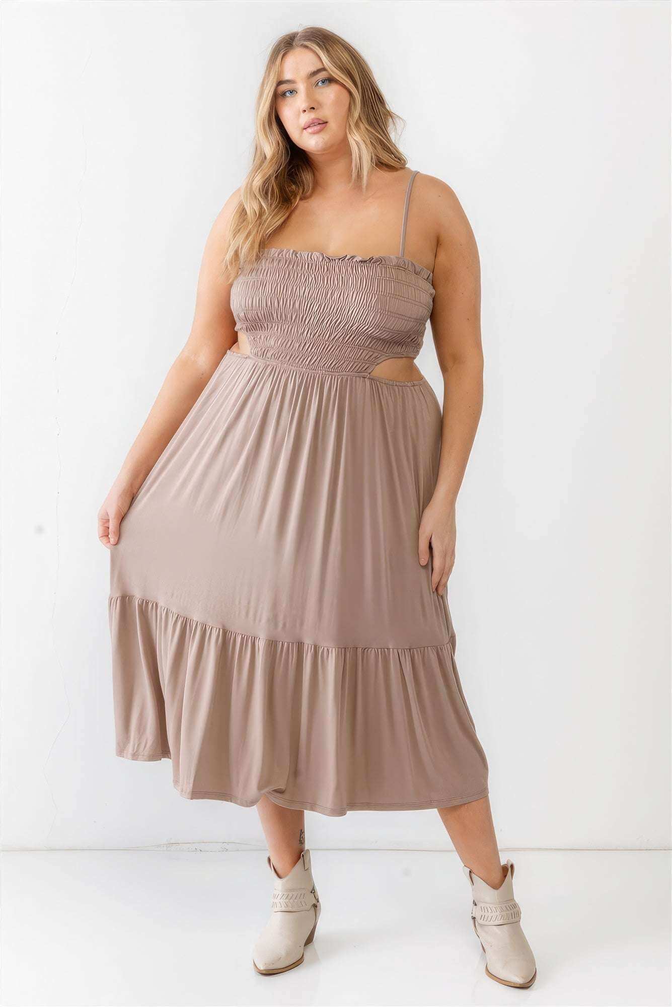 Plus Smocked Cut-out Strappy Flare Hem Midi Dress - The Diva Goddess