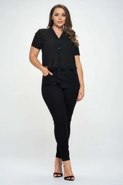 Plus Solid Chiffon Button Down Tie Front Short Sleeve Top - The Diva Goddess