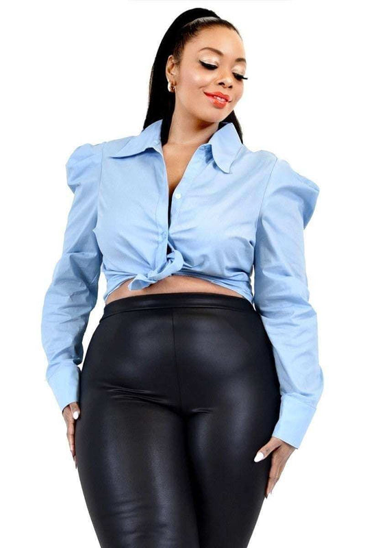 Plus Solid Poplin Puff Sleeve Shirt - The Diva Goddess