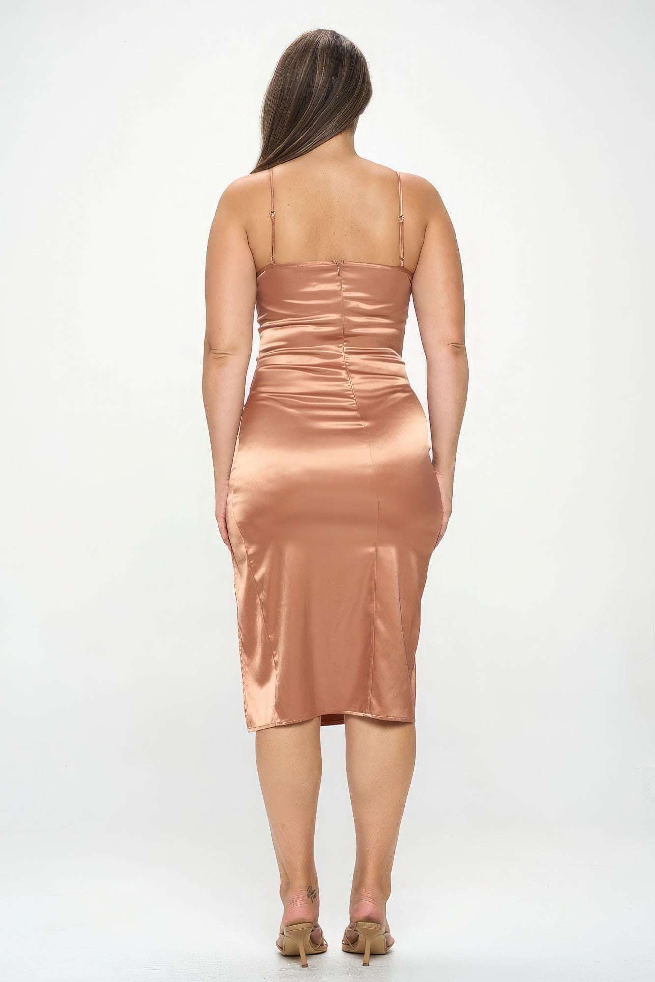 Plus Solid Satin Front Knot Bodycon Midi Dress - The Diva Goddess