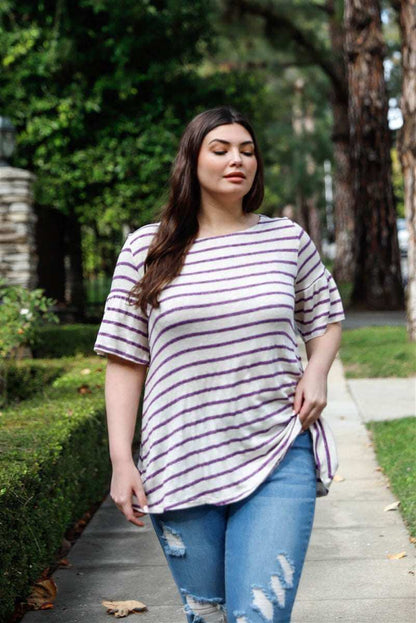 Plus Stripe Bell Short Sleeve Top - The Diva Goddess