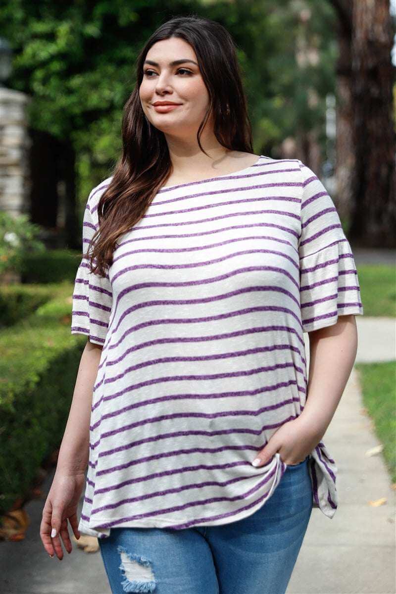 Plus Stripe Bell Short Sleeve Top - The Diva Goddess