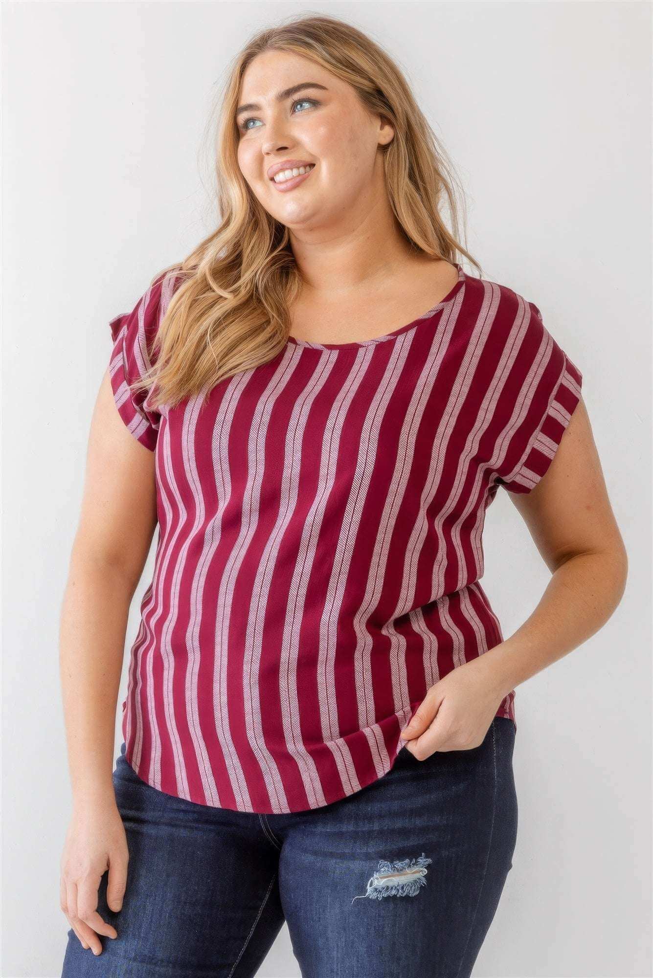 Plus Striped Short Sleeve Relax Top - The Diva Goddess