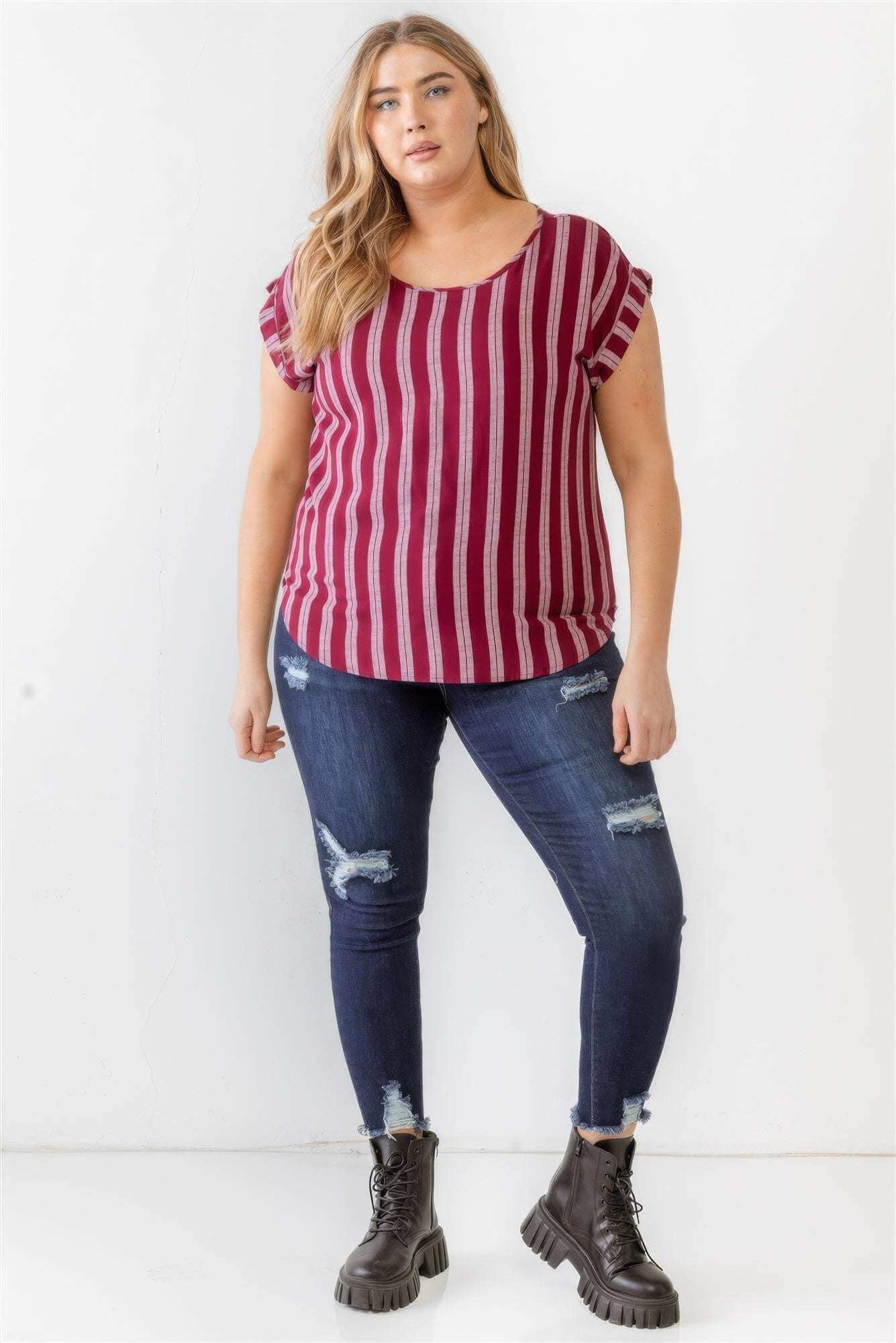 Plus Striped Short Sleeve Relax Top - The Diva Goddess