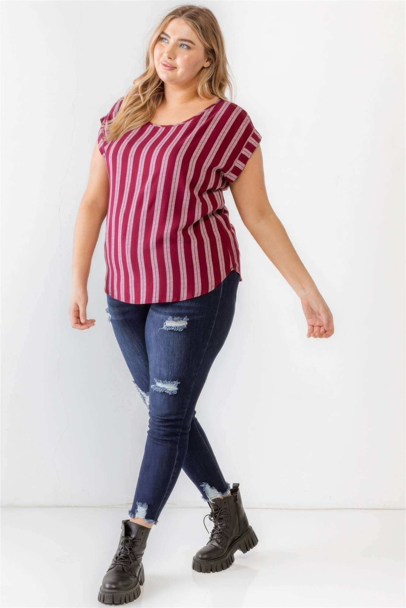 Plus Striped Short Sleeve Relax Top - The Diva Goddess