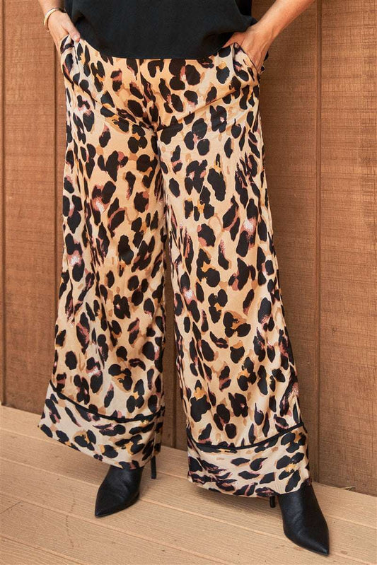 Plus Taupe Combo Leopard Print Satin High-waisted Wide Leg Pants - The Diva Goddess