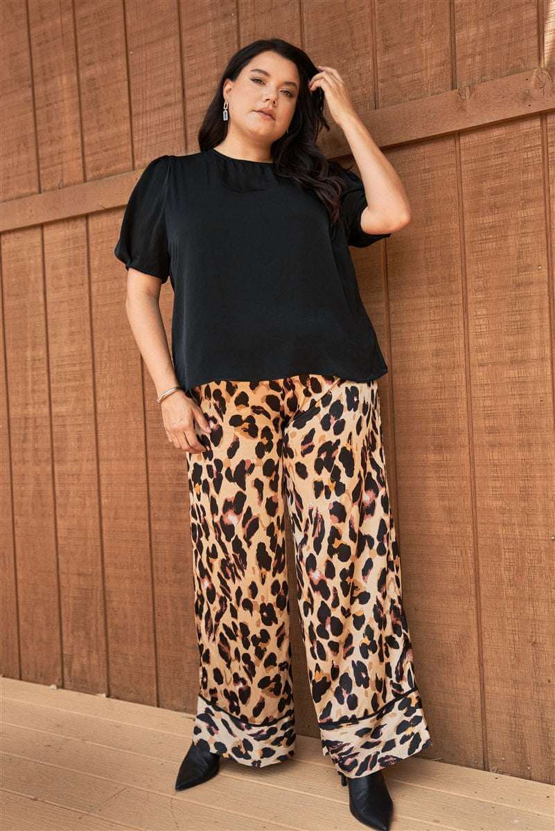 Plus Taupe Combo Leopard Print Satin High-waisted Wide Leg Pants - The Diva Goddess