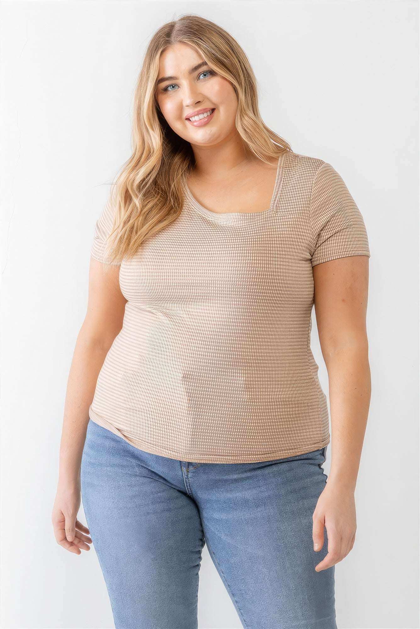 Plus Taupe Waffle Knit Angled Neck Short Sleeve Top - The Diva Goddess