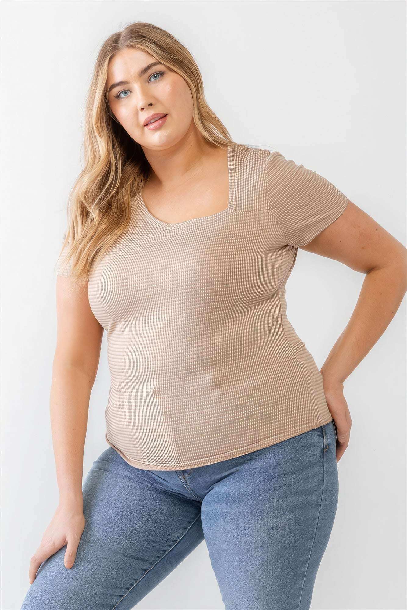 Plus Taupe Waffle Knit Angled Neck Short Sleeve Top - The Diva Goddess