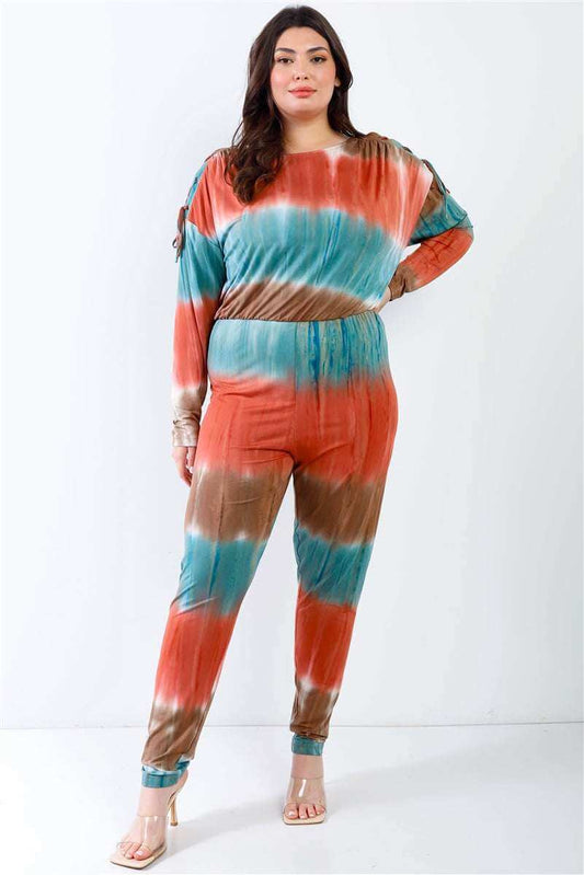 Plus Tie-dye Lace Up Shoulder Details Back Wrap Cut-out Jumpsuit - The Diva Goddess