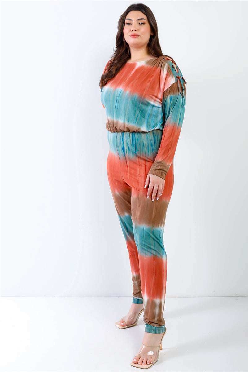 Plus Tie-dye Lace Up Shoulder Details Back Wrap Cut-out Jumpsuit - The Diva Goddess