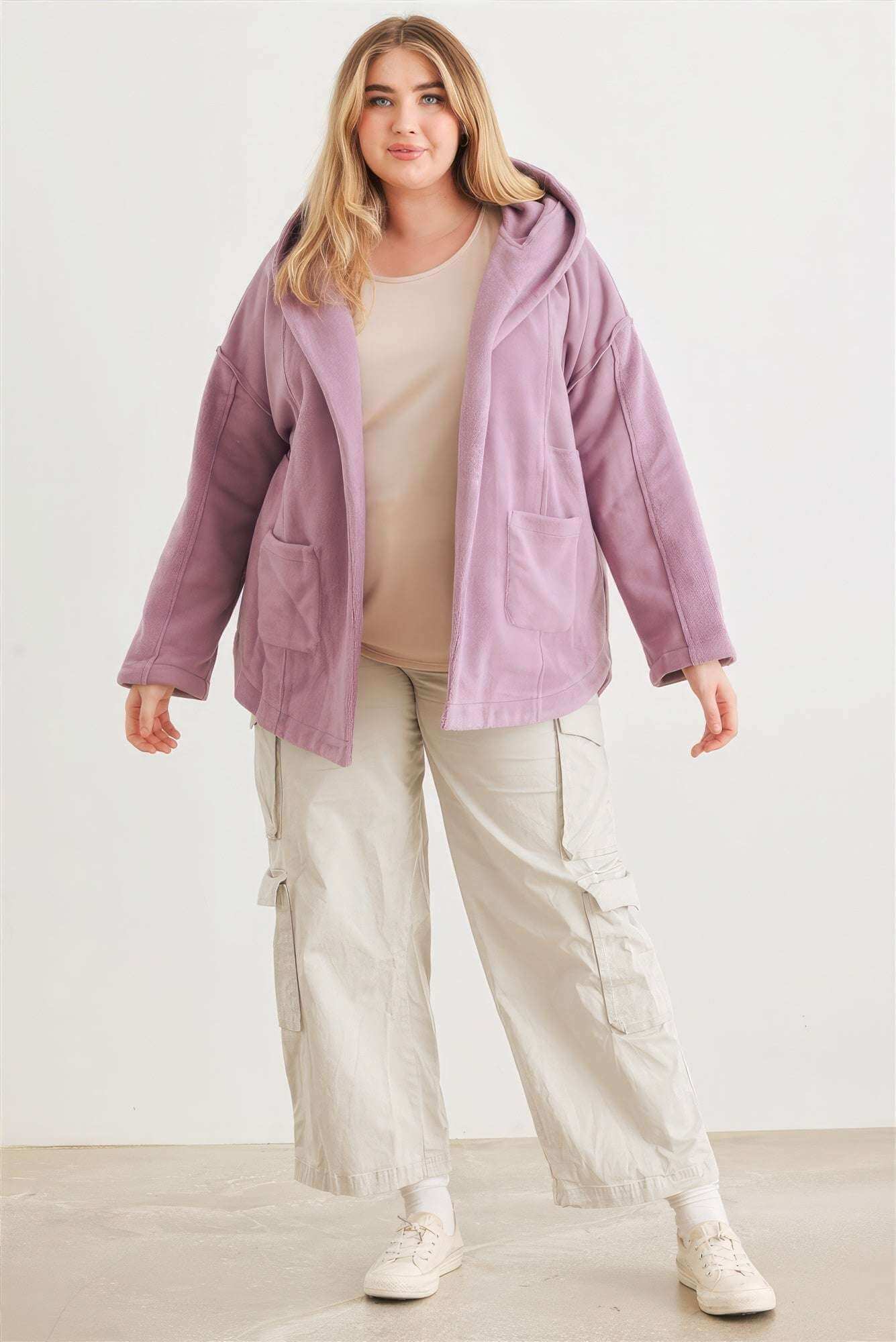 Plus Two Pocket Open Front Soft To Touch Hooded Cardigan Jacket - The Diva Goddess