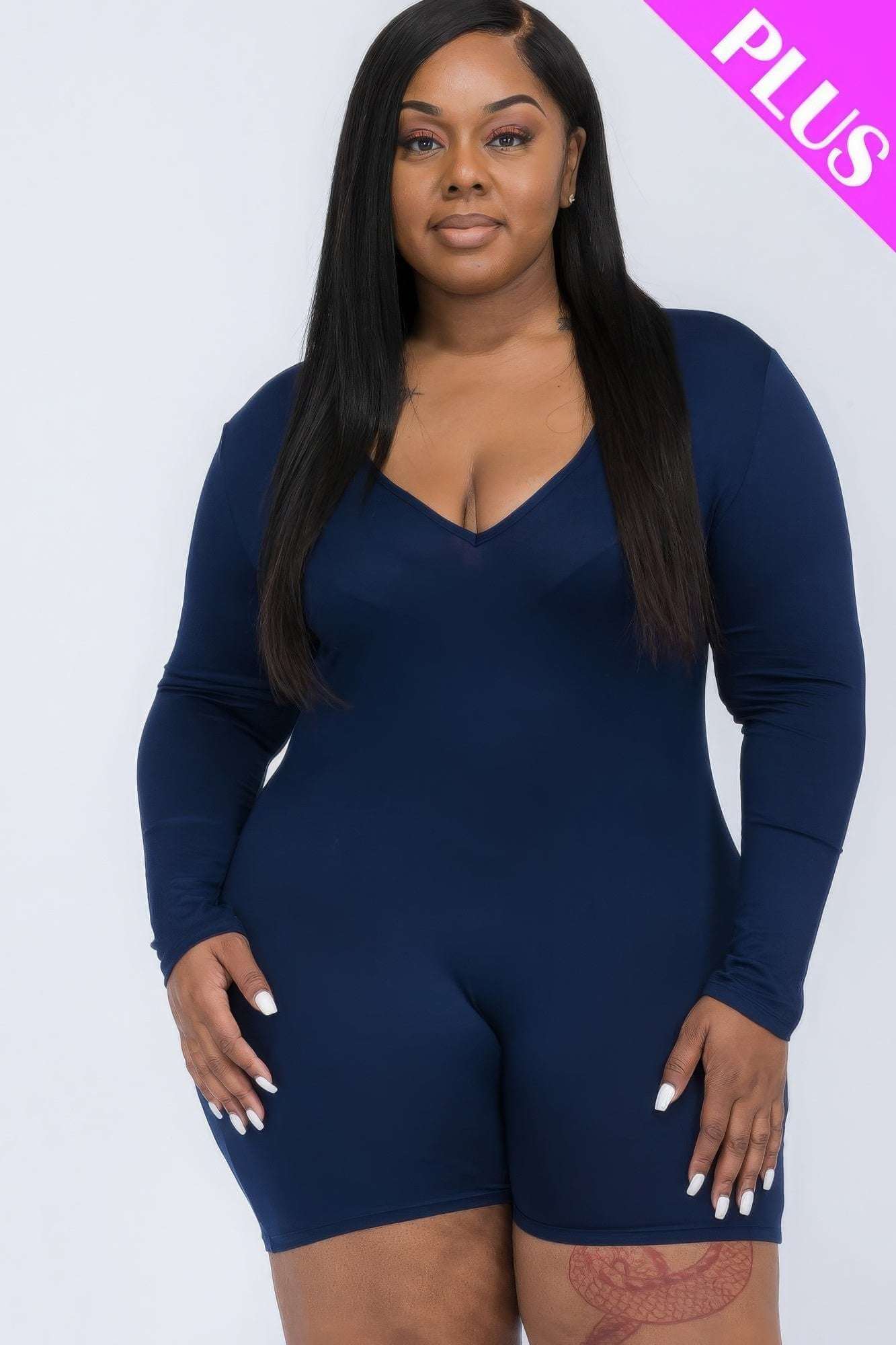 Plus V-neck Long Sleeve Bodycon Romper - The Diva Goddess