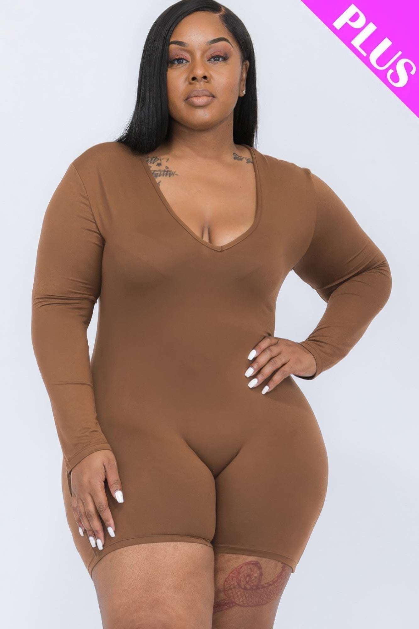 Plus V-neck Long Sleeve Bodycon Romper - The Diva Goddess