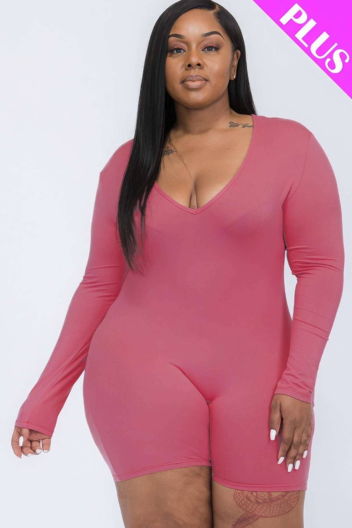 Plus V-neck Long Sleeve Bodycon Romper - The Diva Goddess