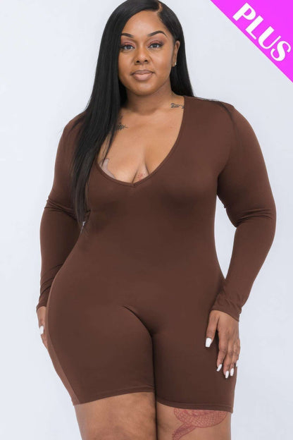 Plus V-neck Long Sleeve Bodycon Romper - The Diva Goddess