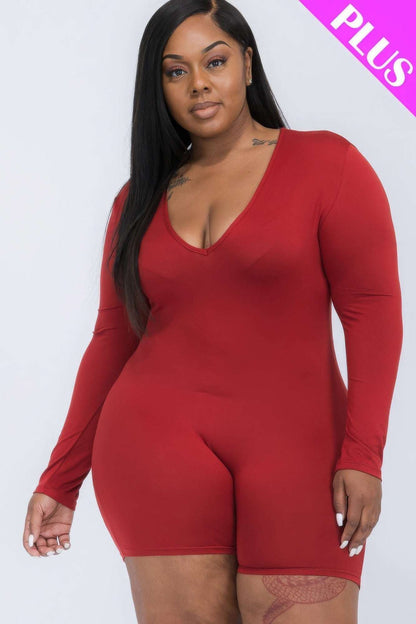 Plus V-neck Long Sleeve Bodycon Romper - The Diva Goddess