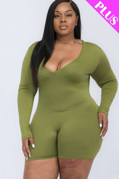 Plus V-neck Long Sleeve Bodycon Romper - The Diva Goddess