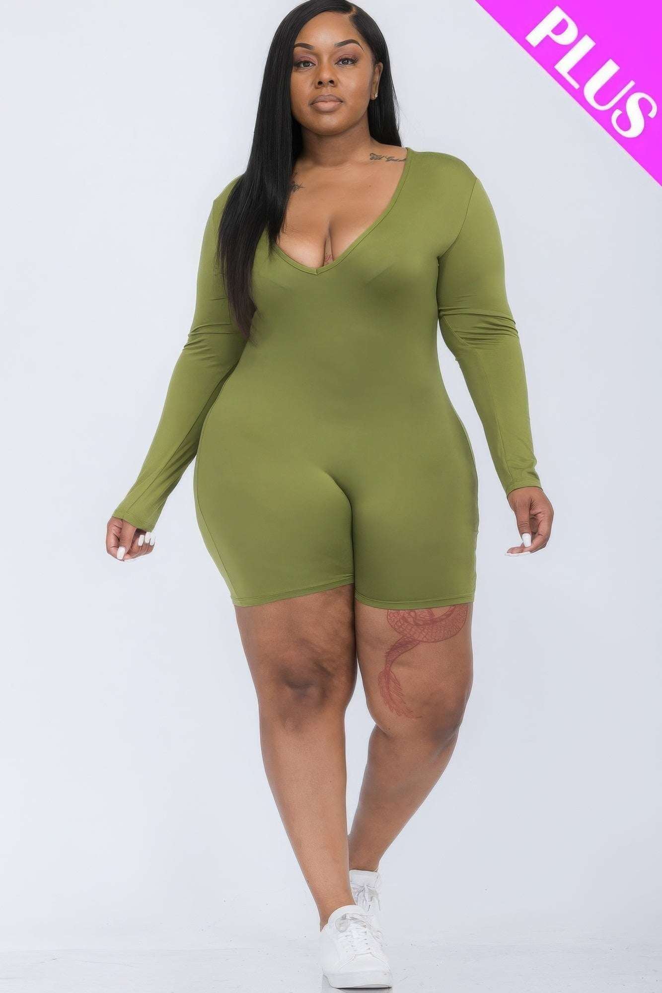 Plus V-neck Long Sleeve Bodycon Romper - The Diva Goddess