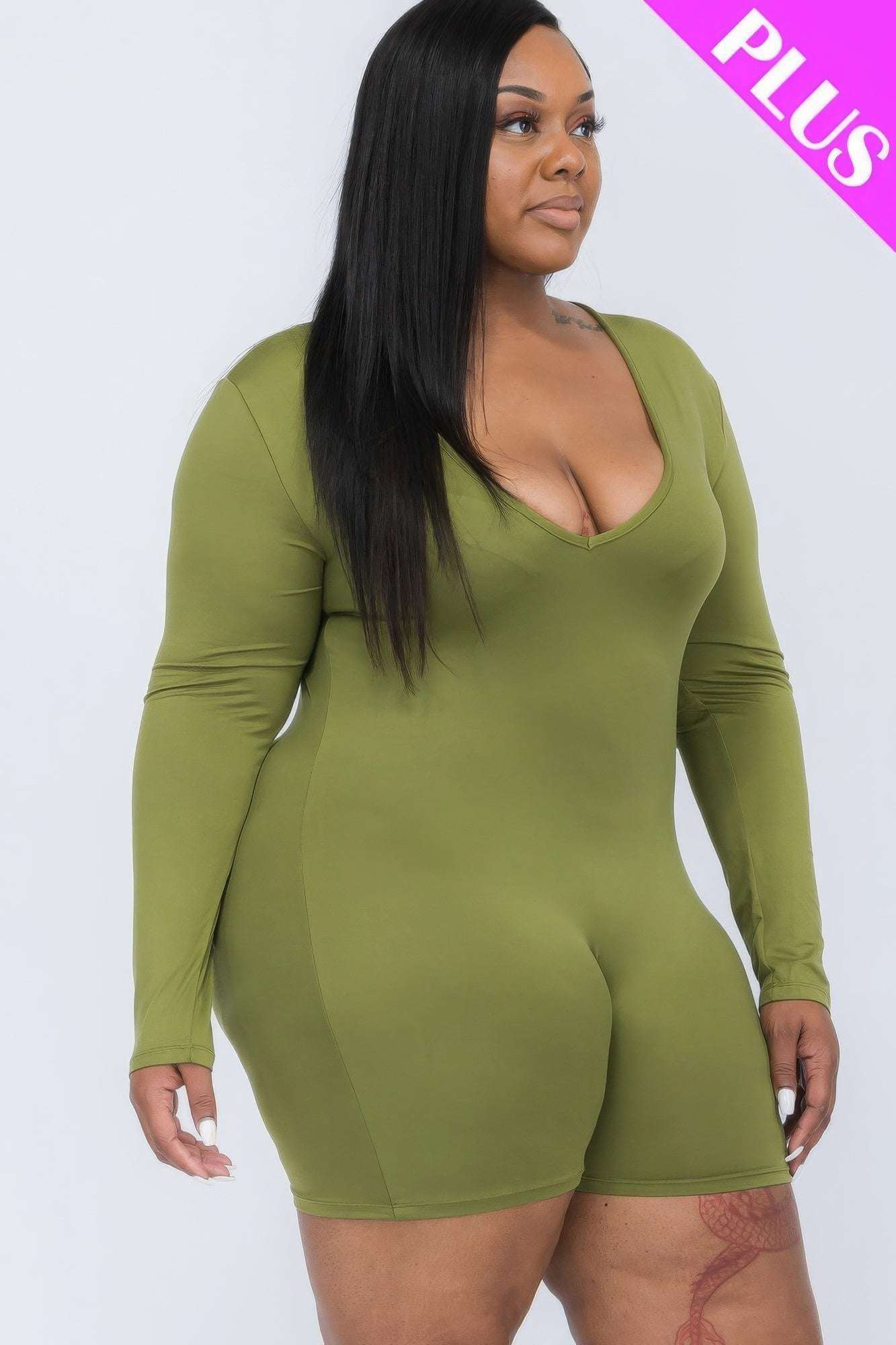 Plus V-neck Long Sleeve Bodycon Romper - The Diva Goddess