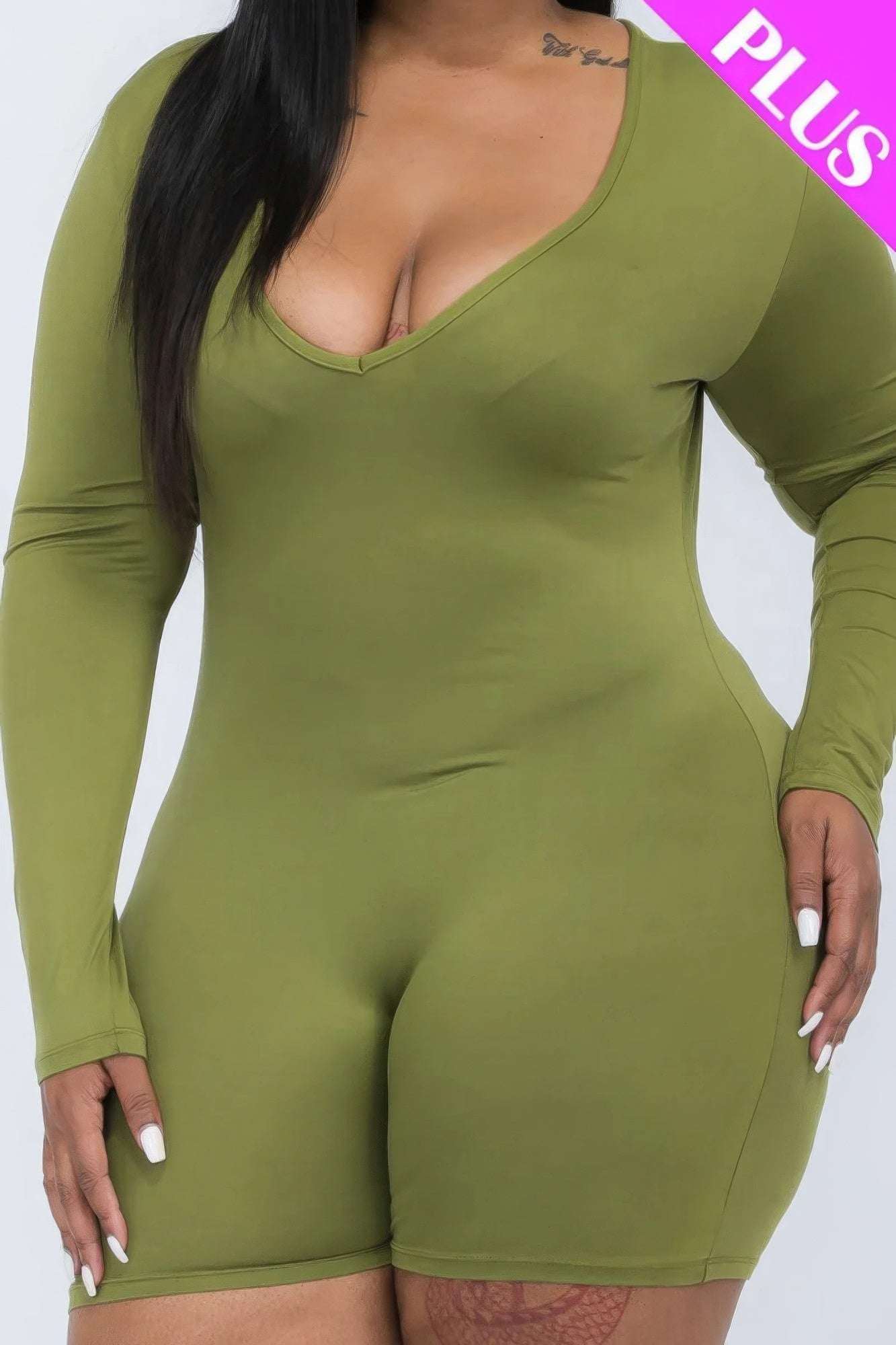 Plus V-neck Long Sleeve Bodycon Romper - The Diva Goddess