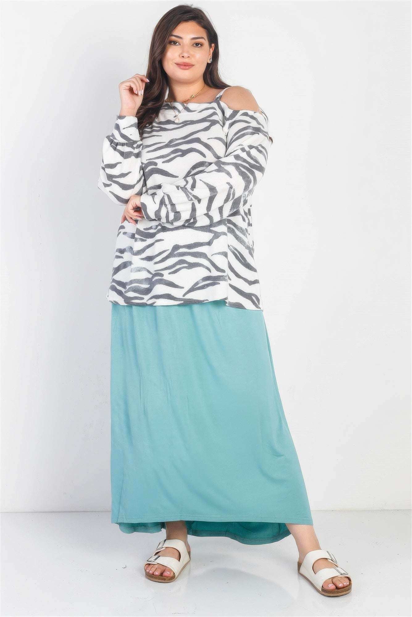 Plus White & Charcoal Zebra Flannel Cold Shoulder Long Sleeve Top - The Diva Goddess