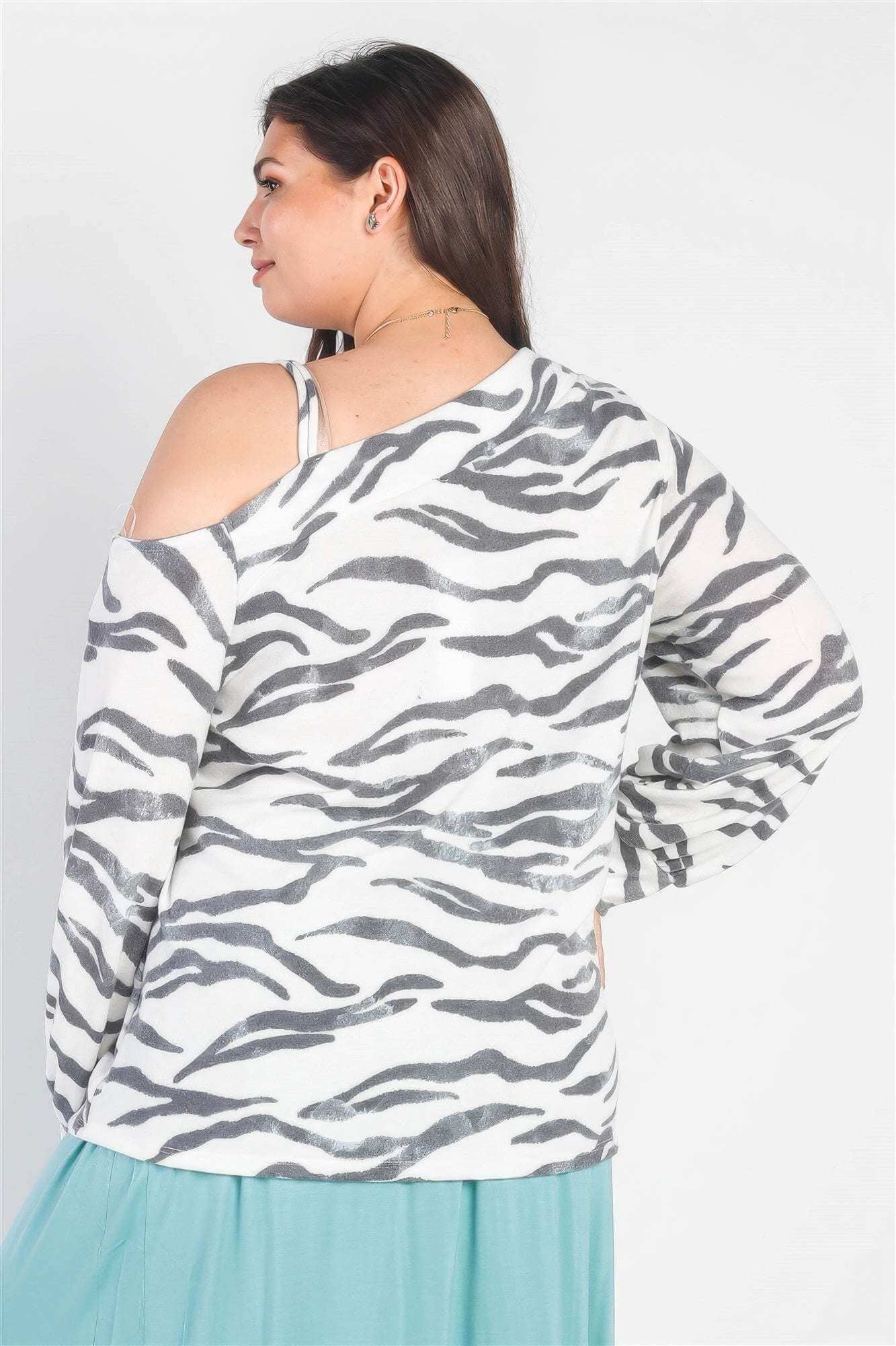 Plus White & Charcoal Zebra Flannel Cold Shoulder Long Sleeve Top - The Diva Goddess