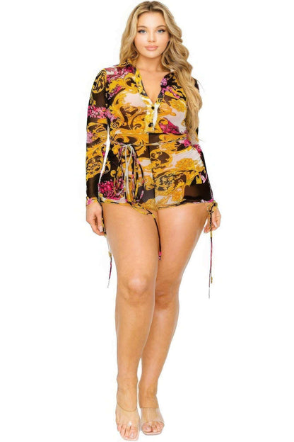 Plus gold & floral pattern print belted romer - The Diva Goddess